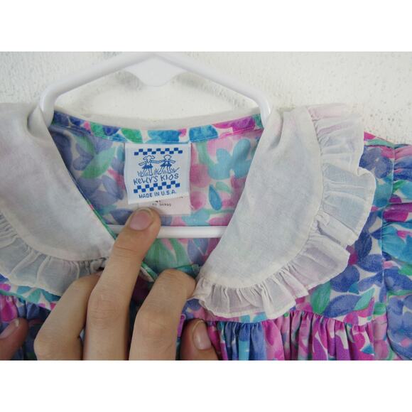 Vintage Kelly's Kids 4T Purple Pink Blue Floral Print Bishop Dress Ruffle Collar - Picture 2 of 5